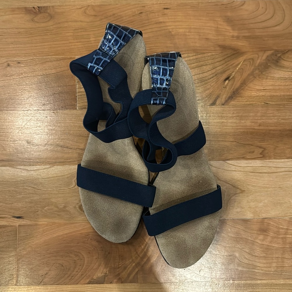 Navy blue heeled sandals.